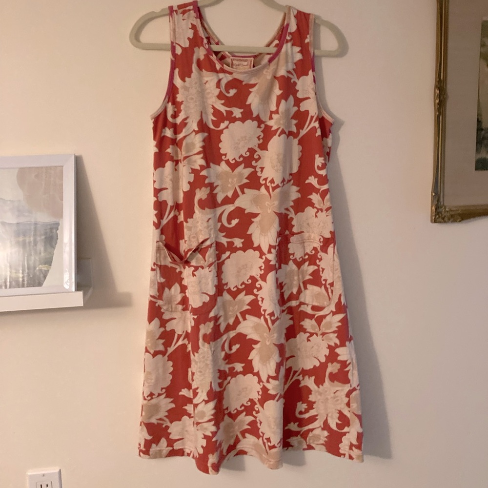 April Cornell Red & Beige Bohemian Floral Dress 100% Cotton Size S